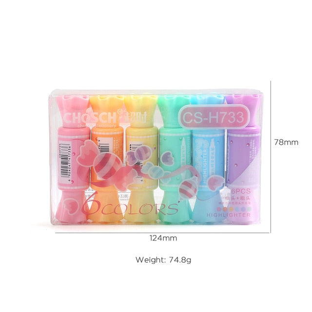 6pcs/set Cute Fresh Candy Shape Double Head Highlighter
