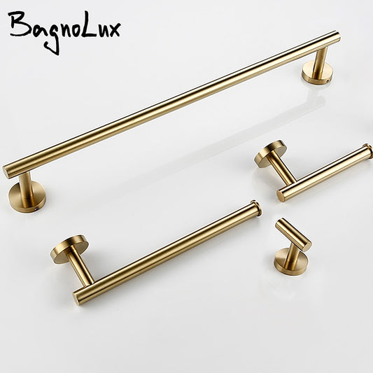 Wall Mounted Hand Towel Bar Brushed Gold Stainless Steel Round Toilet Paper Holder Robe Towel Hooks Bathroom Accessories Kit