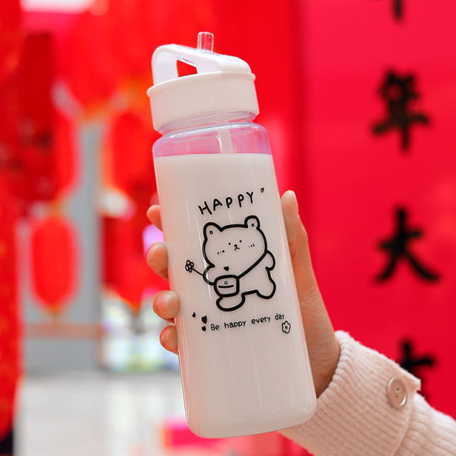 Cartoon Bear Plastic Kawaii Water Bottle with Straw