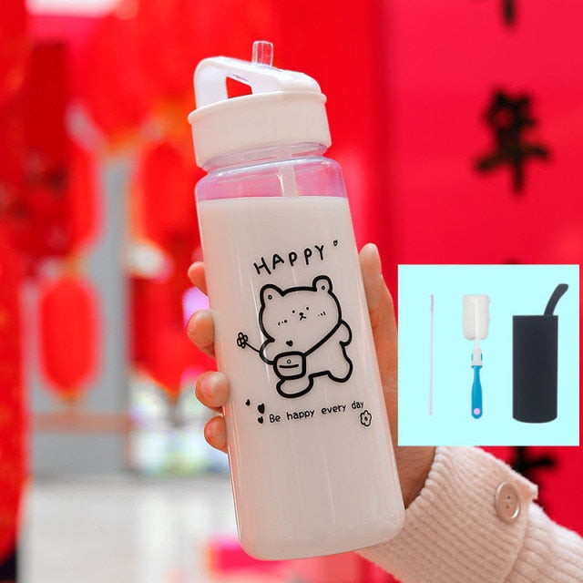 Cartoon Bear Plastic Kawaii Water Bottle with Straw